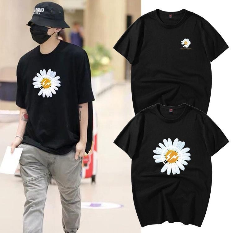 GD權誌龍ins超火閃電小雛菊印花衣服衕款短袖T恤男女純棉寬鬆上衣
