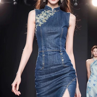 萊拉丨優雅款精緻氣質小個子新中式國風牛仔洋裝女夏季改良旗袍