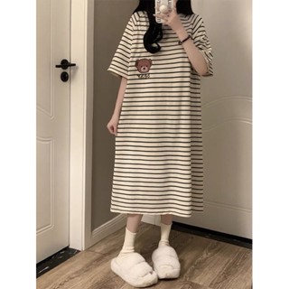 【衣海洋】ins風韓國卡通條紋小熊睡裙女 夏季短袖睡裙 純棉中長款上衣 學生睡衣家居裙 圓領寬鬆長版睡衣 條紋連身裙