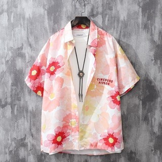 臺灣出貨雛菊粉色花襯衫男短袖潮夏季寬鬆潮流薄款情侶夏威夷沙灘襯衣 夏季襯衫 男生襯衫 透氣襯衫 防曬襯衫 韓係襯衫