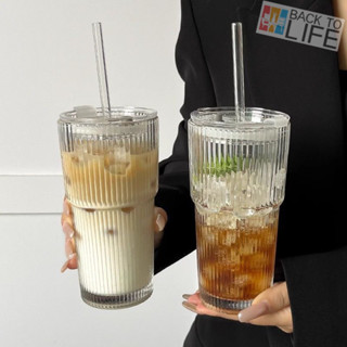 🎉青蘋果杯 大容量杯 帶蓋帶吸管杯 豎條紋玻璃杯 高顔值水杯 冷飲杯 果汁咖啡杯 水杯