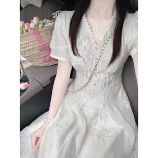 2025法式泡泡新款重工刺繡夏季設計感連衣裙蕾絲收腰高階氣質長裙裙子