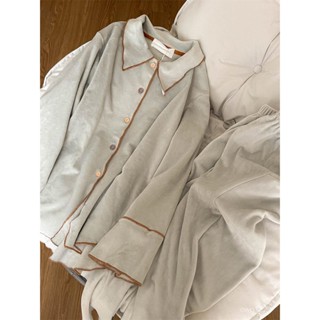 臺灣出貨簡約純色德絨睡衣女秋冬季加絨加厚ins學生日係寬鬆家居服兩件套