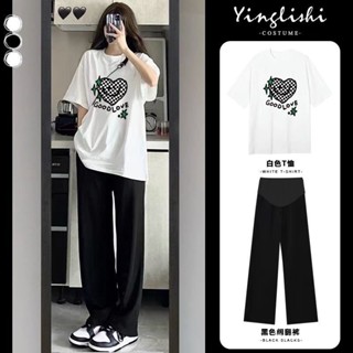 🔥48H出貨 孕婦裝 孕婦套裝 長褲 可調節 時尚孕婦外出服 夏季套裝 圓領短袖孕婦上衣寬鬆遮肚顯瘦t恤孕婦兩件套