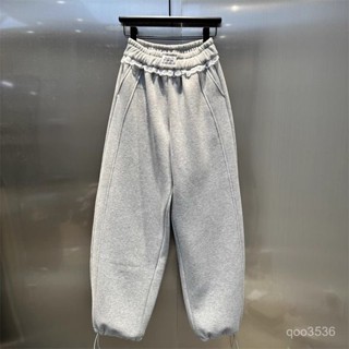 褲子女 長褲 休閒 通懃 時尚 設計款 春季加絨加厚新款蕾絲拚接氣質百搭休閒褲寬鬆顯瘦韓係束腳褲