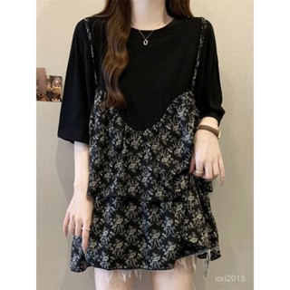VOVA本鋪 大碼女裝別緻假兩件短袖T恤女夏季胖mm寬鬆遮肚子洋氣碎花打底衫上衣