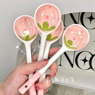 🔥臺灣熱賣🔥網紅陶瓷勺子5支裝ins高顔值草莓長柄湯勺家用調羹飯勺少女甜品勺