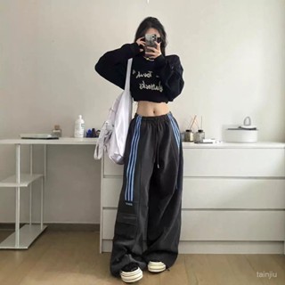 Caveman甄選 美式複古休閒褲 大碼女裝 拚接三條槓長褲 高腰運動褲 春夏季新款寬鬆闊腿褲 百搭工裝褲