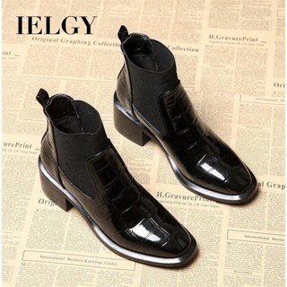 IELGY 粗跟及踝靴女軟漆皮時尚百搭馬丁靴女鞋