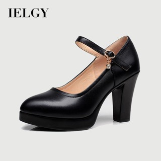 IELGY 黑色直扣軟皮舒適高跟鞋女式粗跟厚底鞋