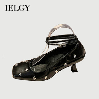 IELGY 法式金屬方頭瑪麗珍鞋真皮高跟鞋2025新款直扣綁帶