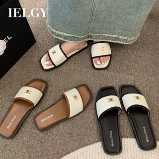 IELGY 夏季法式方頭拼色平底編織女式一字涼鞋女