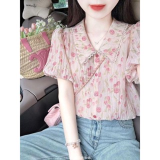 碎花短袖女上衣 休閒百搭上衣 輕盈感法式泡泡袖衣服 翻領短袖襯衫女 粉色少女感女裝 小衫碎花雪紡上衣 泡泡袖上衣