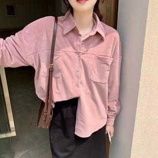 【單排多扣設計】粉色襯衫 女燈芯絨襯衣外套 春秋韓版溫柔學院風外套 小個子外穿寬鬆上衣 T6S0