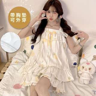 臺灣發貨 帶胸墊睡衣少女夏季純棉吊帶短褲可外穿家居服薄款套裝短袖睡衣 居家服睡衣 可愛睡衣