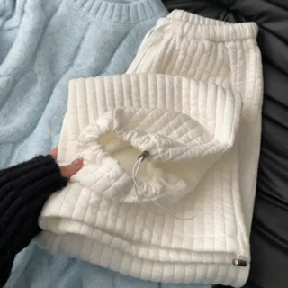 韓版冬季加絨加厚乳白色棉褲休閒寬鬆闊腿褲