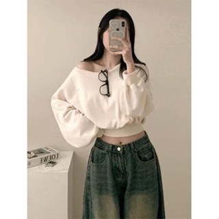 Codibook｜韓國 peachmode 蝴蝶結船領露肩短版衛衣［預購］長袖上衣 大學T 女裝