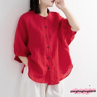 🧊【夏季必備】【新款棉麻】薄款棉麻襯衫女 韓版寬鬆夏季新款 五分袖燈籠袖上衣大尺碼媽媽襯衫ｉ