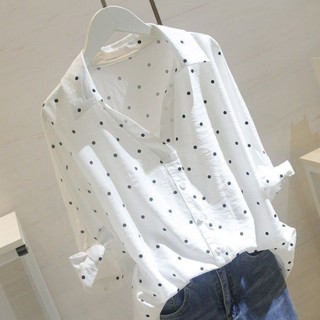 【W-SHOP】Ⓚ 襯衫女 大尺碼女裝 上衣女 春秋季韓版白色波點襯衫女裝中袖寬松休閑棉麻V領襯衫 長袖上衣 Po