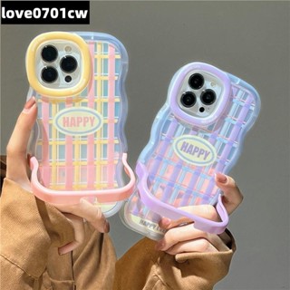💗LOVE波浪隱形支架 HAPPY英文格紋鐳射手機殼 適用於iPhone14 13 12 11 pro max xsm