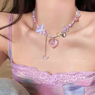 撞色愛心蝴蝶串珠項鏈女生甜酷辣妹氣質鎖骨鏈輕奢小眾高階感配飾Fashion SHOP