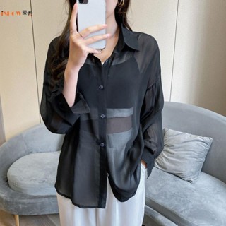 女生襯衫 女襯衫 夏天襯衫女 休閒襯衫女 黑色雪紡衫防曬衣女長袖薄2025夏季新款冰絲開衫襯衫時尚上衣港風