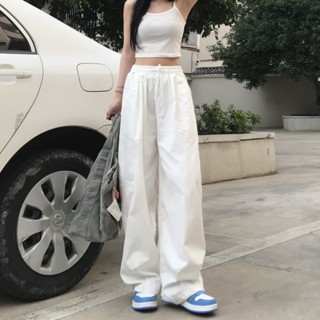100%純棉工裝褲休閒拖地長褲女春秋直筒闊腿褲寬鬆運動高腰bf褲子