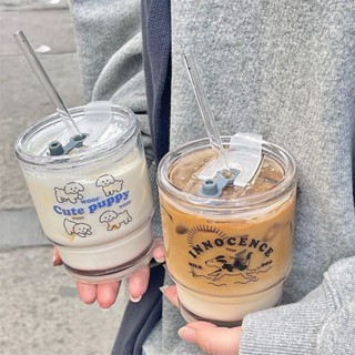 🔥臺灣出貨🔥韓風設計卡通小玻璃杯竹節杯吸管水杯咖啡杯早餐杯帶蓋情侶杯