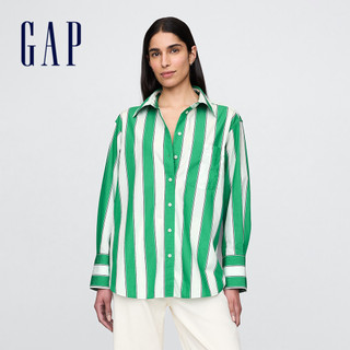 Gap 女裝 Logo純棉刺繡翻領長袖襯衫-綠色條紋(717392)