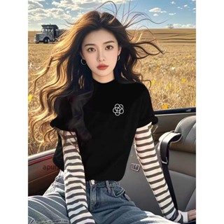 臺灣出貨💖德絨假兩件女裝長袖T恤秋季新款緊身寬鬆條紋撞色打底拼接上衣