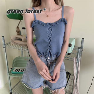 [Green Forest]吊帶2025夏季新款短款荷葉邊外穿針織打底衫抽繩韓版繫帶背心女潮