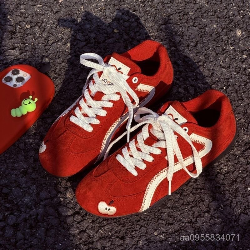 新品💕優妮蒂蘋果鞋2025春季百搭新年鞋厚底鞋子超輕休閒薄底紅色賽車鞋