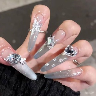 ❤️加一優選💥【藍色妖姬】爆閃蝴蝶穿戴甲 愛心鑽美甲 法式穿戴甲 藍色穿戴甲 婚甲 精緻穿戴甲 長款美甲 細狗長尖穿戴甲