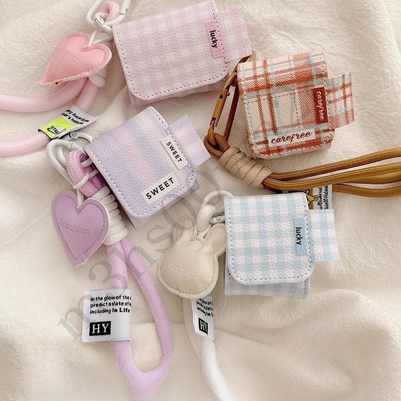 韓系格子 條紋掛繩 皮質耳機套 Airpods pro 4代 防摔保護套 3代耳機殼 1/2代 4代耳機保護殼