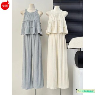 【桃園發貨】韓係穿搭夏天 套裝 時尚套裝女夏季新款韓版圓領無袖上衣高腰寬鬆直筒闊腿褲女