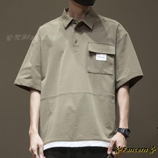 ✨Fancern✨ 臺灣出貨 【M-8XL】日系polo衫男短袖夏季潮牌潮流寬鬆大碼山系機能工裝襯衫半袖t恤 假兩件短袖
