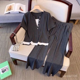 新品 套裝女 套裝夏天 【店鋪熱銷】休閒運動套裝女2025夏季新款V領假兩件短袖上衣直筒闊腿褲兩件套 TNPV