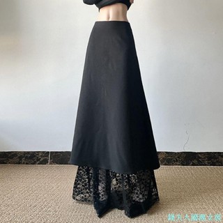 【錢夫人】半身裙 裙子 洋裝 A字裙 大尺碼女裝 300斤大碼女裝設計感蕾絲花邊拼接半身裙性感低腰顯瘦垂感中長裙
