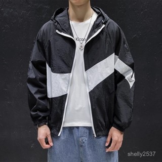工裝防曬服 拼接顏色 大尺碼 薄款外套 男士夏季薄款韓版潮流休閒帥氣寬鬆百搭夾克防曬衣外套