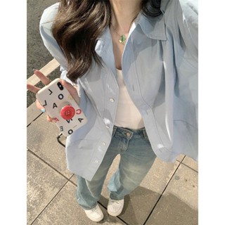 免運💥可開票💥高階感藍色POLO領長袖襯衫外套女秋季寬鬆休閒開衫襯衣中長款上衣