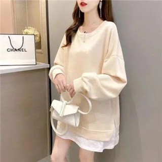 Luzi🎀大尺碼 大尺碼上衣 假兩件上衣 長袖衛衣 秋季女裝加肥加大碼寬鬆寬鬆假兩件百搭長袖衛衣