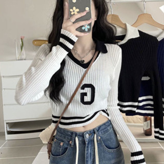 Luzi🎀韓版薄款設計感小眾polo領長袖針織衫新款字母顯瘦短款打底上衣韓國長袖上衣長袖T恤秋冬上衣上衣女
