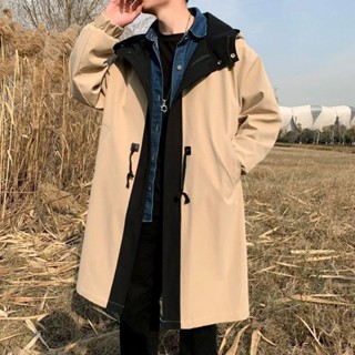 春秋連帽外套男中長款青年韓版穿搭風衣潮寬鬆大衣日係帶帽派克服七夜星潮流男裝