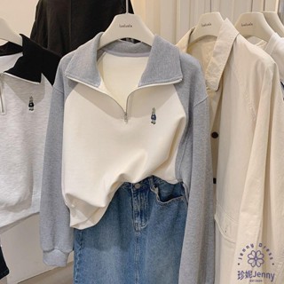 高品質半拉鏈撞色翻領衛衣女春秋季新款刺繡胸標 長袖 套頭上衣 polo衫女 翻領 長袖女 長袖上衣