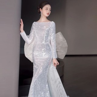 【1071人收藏】長袖晚禮服裙輕奢小眾端莊敬酒服年會主持人亮片魚尾新娘輕婚紗女