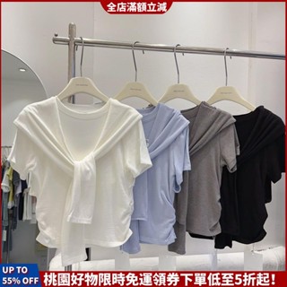 TG女裝🔥簡約韓系假兩件圓領短袖t恤女夏季新款顯瘦小眾設計感披肩上衣潮流