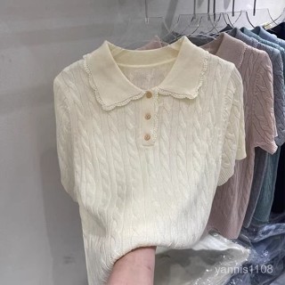 新店熱銷🉐設計感蕾絲邊拚接翻領短袖針織衫女2025春季新款百搭洋氣打底上衣 QJH2