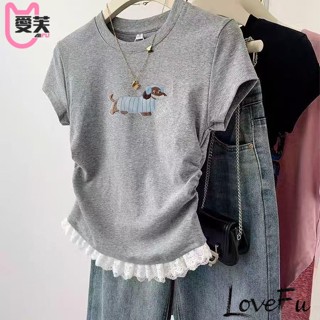 【春夏套裝熱銷】灰色蕾絲花邊小狗短袖t恤女夏季夏款小個子短款褶皺收腰上衣Lxip~
