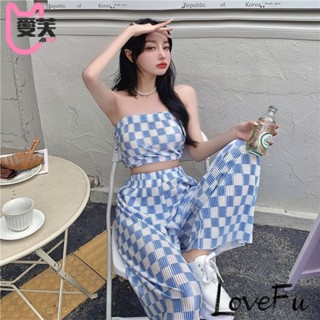【春夏套裝熱銷】胖mm純欲性感短款抹胸上衣女大碼春夏新款高腰褶皺格子闊腿褲套裝Lxip~