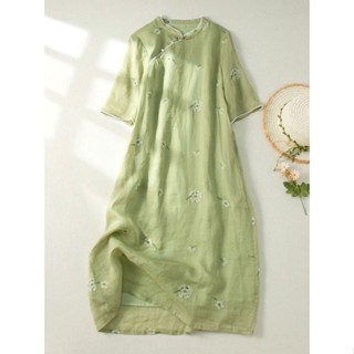限時免運🌸清倉撿漏~中式改良薴麻旗袍長裙女復古斜襟刺繡盤扣棉亞麻洋裝